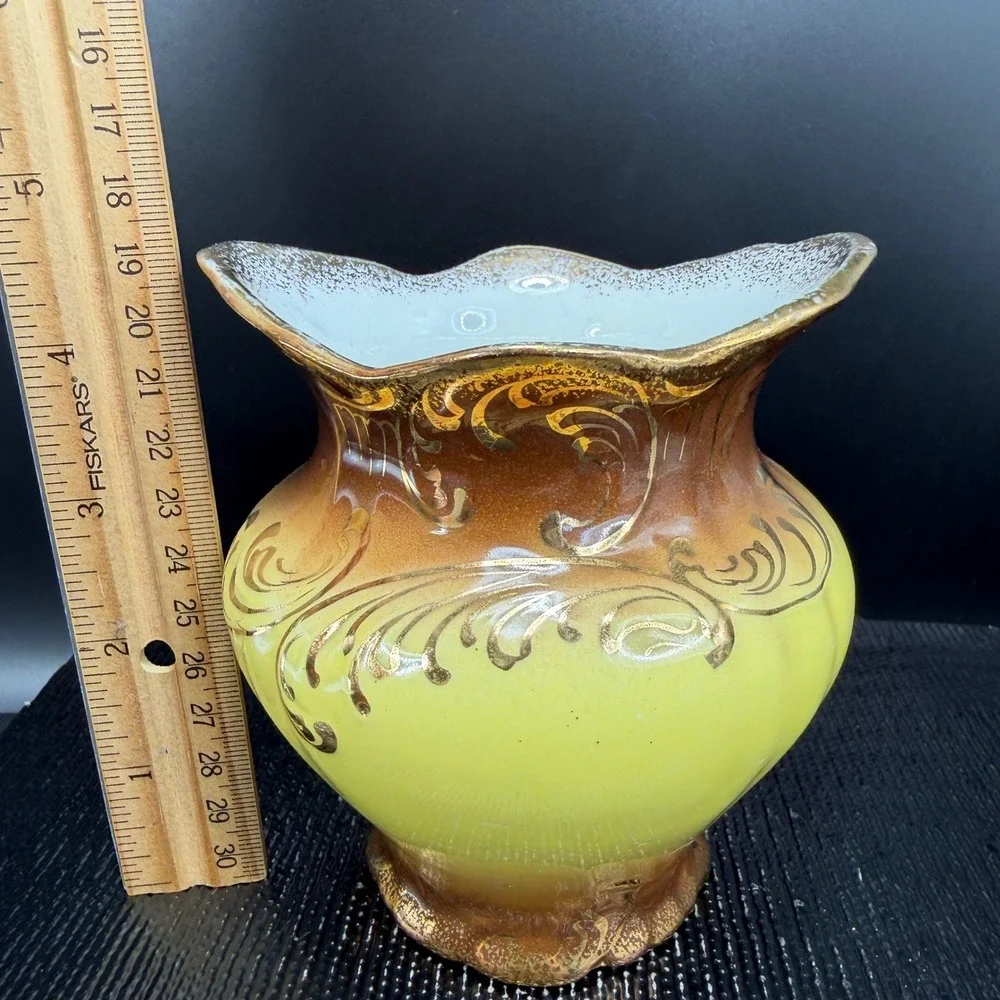 Vintage Verona VPCO Porcelain Vase Yellow Brown‎ Ombre Gold Gilt Filigree Vessel